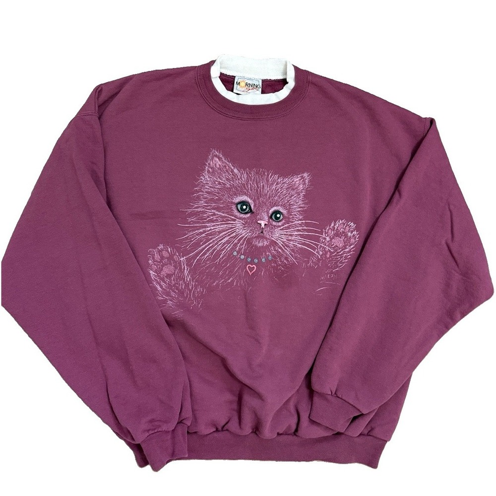 VTG 90s Cat Rhinestone Sweatshirt Mauve Purple Grandma Core Morning Sun XL